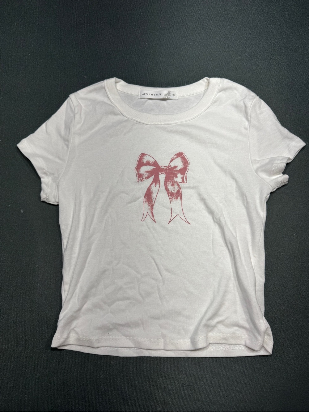 Altar'd State S White Tee with Dusty Rose Bow Graphic